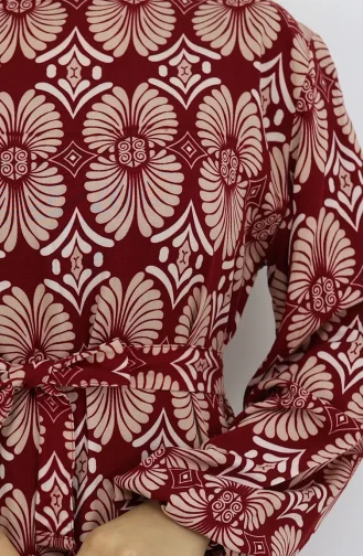 Viskon Kumaş Desenli Kuşaklı Elbise 2008-02 Bordo