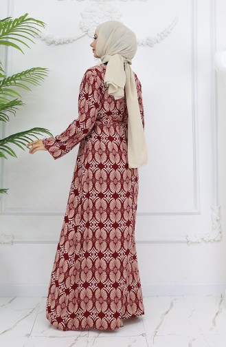 Viskon Kumaş Desenli Kuşaklı Elbise 2008-02 Bordo