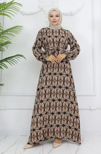 Viskon Kumaş Desenli Kuşaklı Elbise 2008-03 Kahverengi