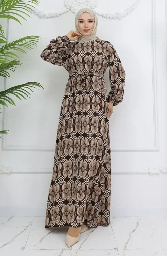 Viskon Kumaş Desenli Kuşaklı Elbise 2008-03 Kahverengi