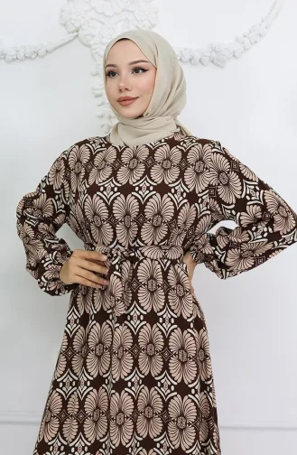 Viskon Kumaş Desenli Kuşaklı Elbise 2008-03 Kahverengi