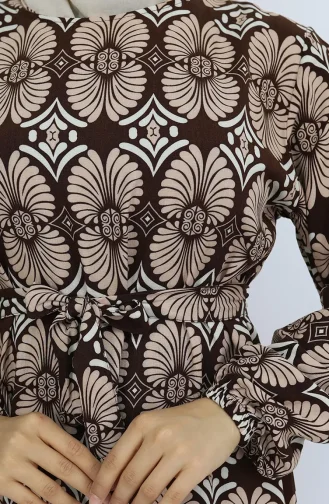 Viskon Kumaş Desenli Kuşaklı Elbise 2008-03 Kahverengi