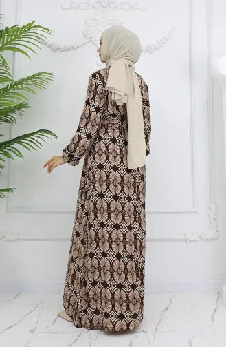 Viskon Kumaş Desenli Kuşaklı Elbise 2008-03 Kahverengi