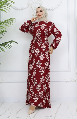 Viskon Kumaş Desenli Kuşaklı Elbise 2009-01 Bordo
