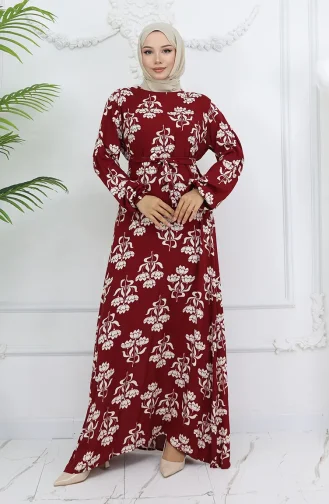 Robe Ceinturée à Motifs En Viscose 2009-01 Rouge Bordeaux 2009-01