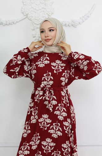 Viskon Kumaş Desenli Kuşaklı Elbise 2009-01 Bordo
