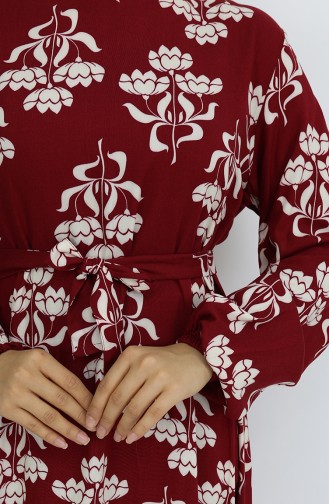 Viskon Kumaş Desenli Kuşaklı Elbise 2009-01 Bordo