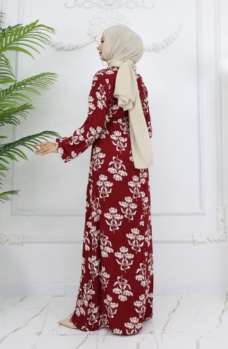Viskon Kumaş Desenli Kuşaklı Elbise 2009-01 Bordo