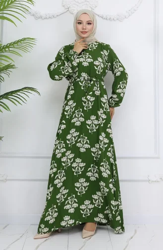 Viskon Kumaş Desenli Kuşaklı Elbise 2009-02 Haki