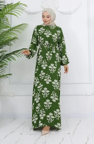 Viskon Kumaş Desenli Kuşaklı Elbise 2009-02 Haki