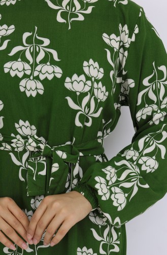 Viskon Kumaş Desenli Kuşaklı Elbise 2009-02 Haki