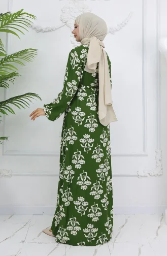 Viskon Kumaş Desenli Kuşaklı Elbise 2009-02 Haki