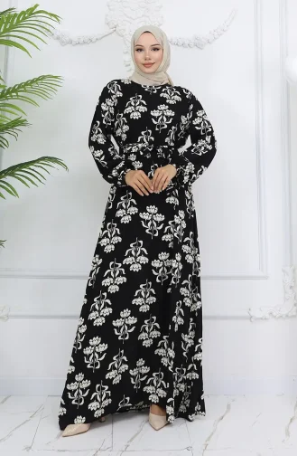 Robe Ceinturée à Motifs En Tissu Viscose 2009-03 Noir 2009-03