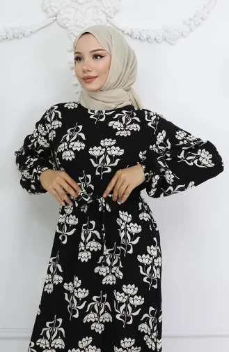 Robe Ceinturée à Motifs En Tissu Viscose 2009-03 Noir 2009-03