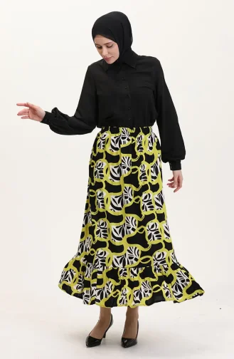 Viskon Kumaş Beli Lastikli Fırfırlı Etek 2012P-01 Siyah Yağ Yeşili