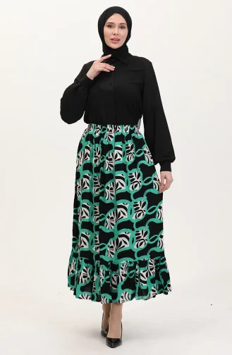 تنورة من قماش الفيسكوز بخصر مرن ومكشكش 2012P-02 أسود وأخضر 2012P-02