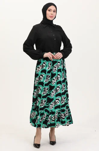 تنورة من قماش الفيسكوز بخصر مرن ومكشكش 2012P-02 أسود وأخضر 2012P-02