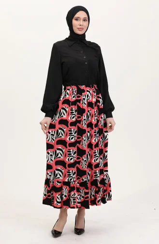 Viskon Kumaş Beli Lastikli Fırfırlı Etek 2012P-03 Siyah Fuşya