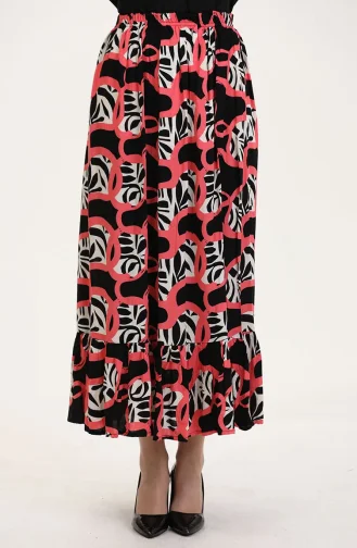 Viskon Kumaş Beli Lastikli Fırfırlı Etek 2012P-03 Siyah Fuşya