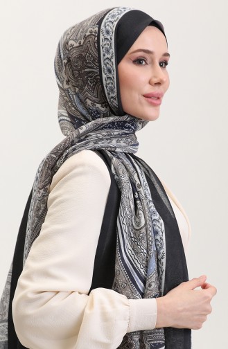 Etnik Desen Koton Şal 90184-12 Siyah Buz Mavisi