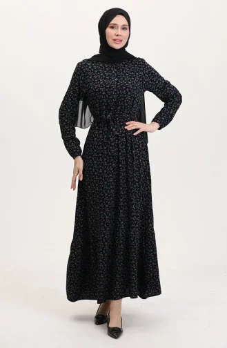 Viskon Kumaş Yarım Düğmeli Desenli Elbise 4069-01 Lacivert