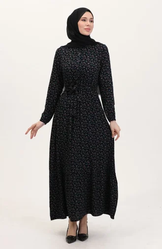 Viskon Kumaş Yarım Düğmeli Desenli Elbise 4069-01 Lacivert