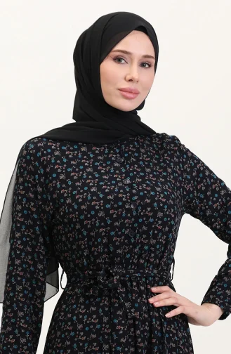 Viskon Kumaş Yarım Düğmeli Desenli Elbise 4069-01 Lacivert