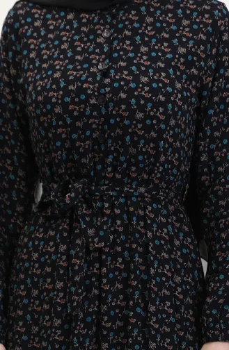 Viskon Kumaş Yarım Düğmeli Desenli Elbise 4069-01 Lacivert