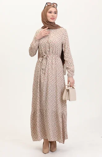 Viskon Kumaş Yarım Düğmeli Desenli Elbise 4069-02 Bej