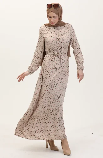 Viskon Kumaş Yarım Düğmeli Desenli Elbise 4069-02 Bej