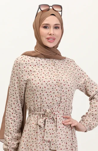 Viskon Kumaş Yarım Düğmeli Desenli Elbise 4069-02 Bej