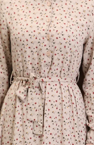 Viskon Kumaş Yarım Düğmeli Desenli Elbise 4069-02 Bej