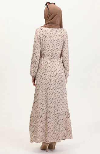 Viskon Kumaş Yarım Düğmeli Desenli Elbise 4069-02 Bej