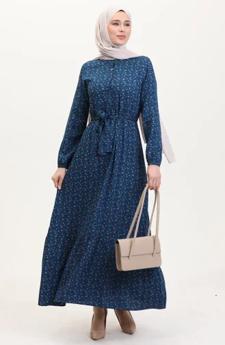 Viskon Kumaş Yarım Düğmeli Desenli Elbise 4069-03 Petrol