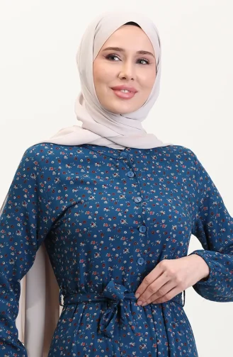 Viskon Kumaş Yarım Düğmeli Desenli Elbise 4069-03 Petrol