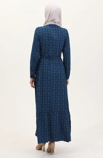 Viskon Kumaş Yarım Düğmeli Desenli Elbise 4069-03 Petrol