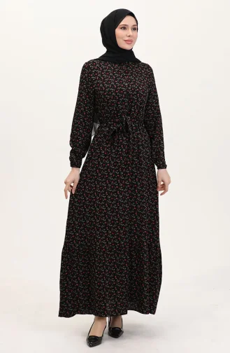 Viskon Kumaş Yarım Düğmeli Desenli Elbise 4069-04 Siyah