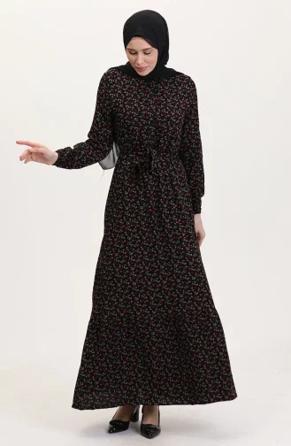 Viskon Kumaş Yarım Düğmeli Desenli Elbise 4069-04 Siyah