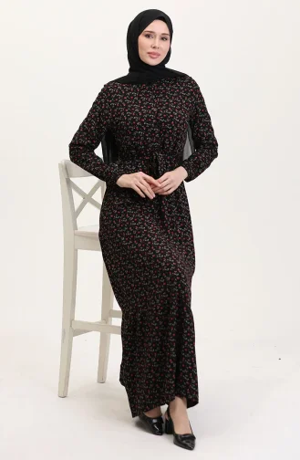 Viskon Kumaş Yarım Düğmeli Desenli Elbise 4069-04 Siyah