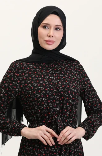 Viskon Kumaş Yarım Düğmeli Desenli Elbise 4069-04 Siyah