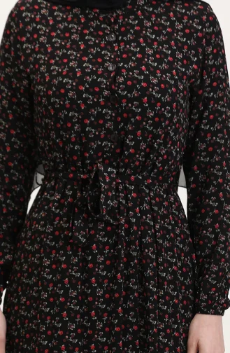 Viskon Kumaş Yarım Düğmeli Desenli Elbise 4069-04 Siyah