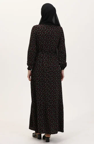 Viskon Kumaş Yarım Düğmeli Desenli Elbise 4069-04 Siyah