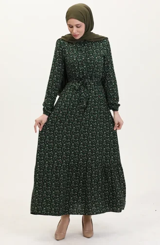 Viskon Kumaş Yarım Düğmeli Desenli Elbise 4069-05 Zümrüt Yeşili