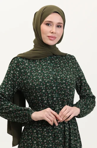 Viskon Kumaş Yarım Düğmeli Desenli Elbise 4069-05 Zümrüt Yeşili
