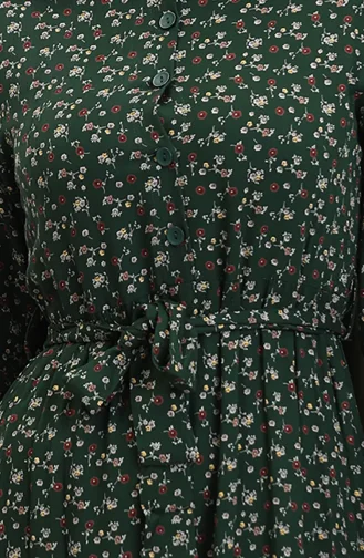 Viskon Kumaş Yarım Düğmeli Desenli Elbise 4069-05 Zümrüt Yeşili