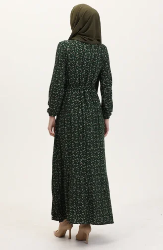 Viskon Kumaş Yarım Düğmeli Desenli Elbise 4069-05 Zümrüt Yeşili