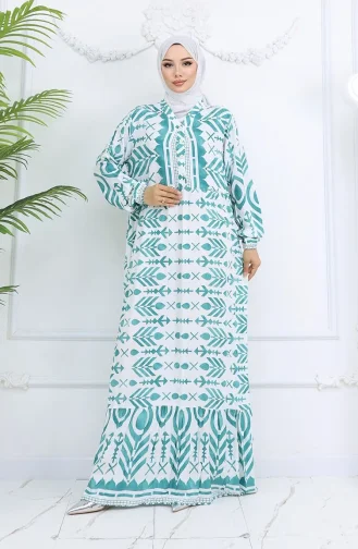 Halbgeknöpftes Viskose Gemustertes Kleid 0026-01 Mandelgrün Weiß 0026-01