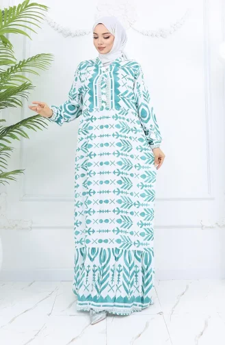 Halbgeknöpftes Viskose Gemustertes Kleid 0026-01 Mandelgrün Weiß 0026-01