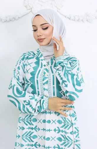 Halbgeknöpftes Viskose Gemustertes Kleid 0026-01 Mandelgrün Weiß 0026-01