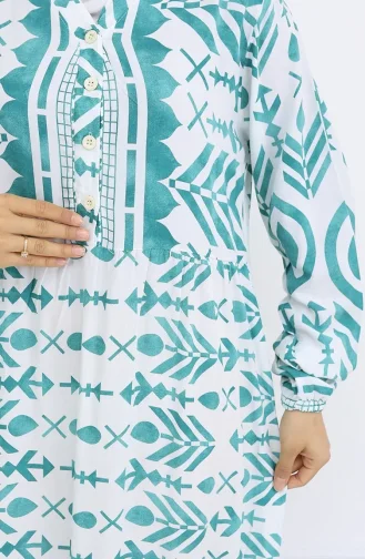 Halbgeknöpftes Viskose Gemustertes Kleid 0026-01 Mandelgrün Weiß 0026-01